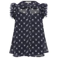 Girls Kite and Cosmic short ruffle sleeve French bulldog print peter pan collar blouse with cami - Navy