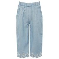 Girls 100% cotton light blue stretch waistband embroidered flower design scallop hem culottes - Blue