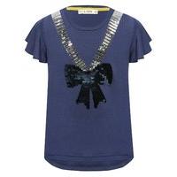 Girls Kite and Cosmic navy soft jersey short flared sleeve crew neck sequin bow design t-shirt - Navy