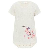 Girls cream short sleeve round neck floral bird print with sequins and crochet lace back panel top - Cream