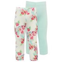 Girls cotton rich stretch fabric mint and floral print cropped length leggings two pack - Cream