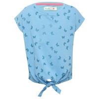 Girls blue short sleeve knot hem glitter butterfly print pure cotton top - Blue