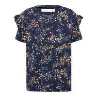 Girls navy short sleeve round neck all over ditsy print with frill shoulder detail top - Navy