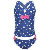 Girls navy and white heart print v neck with pink bow appliques tankini with matching pull on briefs - Navy