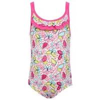 Girls multi-coloured butterfly print frill front pink strap one piece swimsuit - White