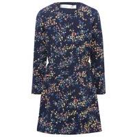 Girls navy long sleeve round neck colourful all over ditsy print fit and flare dress - Navy