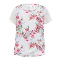 Girls round neck pink floral butterfly print with short lace sleeves and dipped back hem top - White