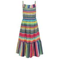 Girls multi-coloured frill front crochet trim tiered hem thin strap stripe pattern maxi length dress - Pink