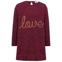 Girls long sleeve crew neck love stud embellished slogan tunic jumper dress - Berry Red