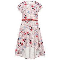 Girls stretch jersey short sleeve dip hem star print belted skater dress - White