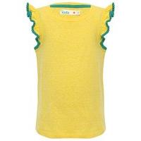 Girls cotton blend plain yellow crew neckline short frill sleeves green pom pom trim t-shirt - Yellow