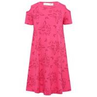 Girls jersey short sleeve pink all over butterfly print cold shoulder design swing fit dress - Pink