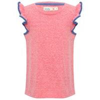Girls cotton blend pink marl crew neckline short frill sleeves blue pom pom trim t-shirt - Pink