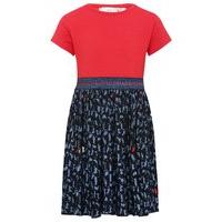 Girls cotton stretch short sleeve elasticated glitter waist cute cat print pleated skater dress - Red