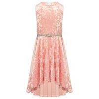 Girls sleeveless pink crushed velour dipped hem silver belted skater dress - Pink