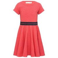 Girls short sleeve Pink with navy spot pattern blue metallic thread elasticated waistband dress - Pink