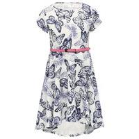 Girls party dipped hem short sleeve round neck butterfly print belted skater dress - Cream