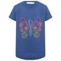 Girls blue short sleeve crew neck gemstone butterfly motif dipped hem t-shirt - Blue