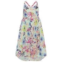 Girls sleeveless wrap front cross back straps bird butterfly floral print crochet trim maxi dress - Blue