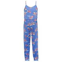 Girls blue elasticated waist spaghetti strap flamingo flower print full length jumpsuit - Blue