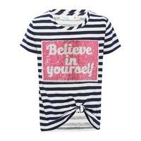 Girls 100% cotton short sleeve navy and white stripe knot hem two way flip sequin design t-shirt - Navy