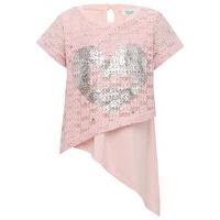 Girls pink short sleeve crochet layer asymmetric hem silver foil love heart print slogan top - Pale Pink