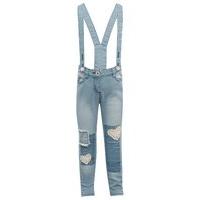 Girls Patchwork Jeans With Braces Lace Heart Embellishment and Ripped detail - Denim