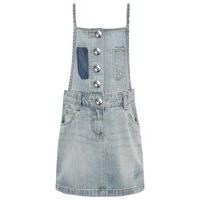 Girls classic light wash denim patchwork pocket silver tone button plaque racer back pinafore dress - Denim