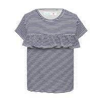 Girls navy and white stripe pattern short sleeve round neck front frill t-shirt - Navy