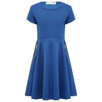 Girls ribbed short sleeve zip detail fitted pull on skater dress - Cobalt