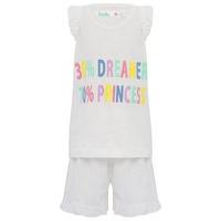 Girls 100% cotton white short frill sleeve princess dreamer slogan pyjama top and shorts set - White