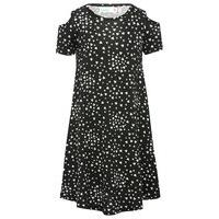 Girls jersey black and white love heart print cold shoulder swing dress - Black and White