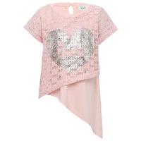 Girls pink short sleeve crochet layer asymmetric hem silver foil love heart print slogan top - Pale Pink
