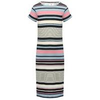 Girls light stretch jersey short sleeve multi-coloured stripe pattern midi dress - Cream