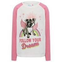 Girls pull on soft cotton pink long sleeve pugicorn print follow your dreams slogan pyjama top - White