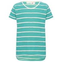 Girls short sleeve crew neck white scallop ruffle stripe detail dipped hem t-shirt - Teal