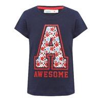 Girls 100% cotton navy short sleeve crew neck red glitter star A for Awesome print t-shirt - Navy