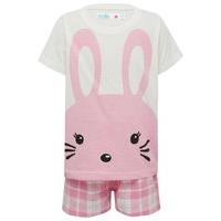 Girls short sleeve bunny face pink checked elasticated waistband t-shirt and shorts pyjama set - Multicolour