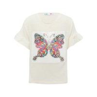 Girls white short frilly sleeves two way sequin butterfly design top - Cream