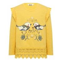 Girls 100% cotton yellow ochre long sleeve bird floral print frill shoulder crochet hem casual top - Ochre