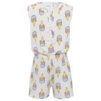 Girls white 100% cotton sleeveless button front ice cream print lightweight playsuit pyjamas - White