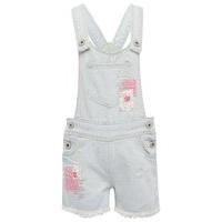 Girls 100% cotton light wash pink patchwork detail button fastening frayed hem denim short dungaree - Denim