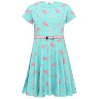 Girls cotton rich blue short sleeve round neck pink silver unicorn print belted skater dress - Blue