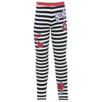 Girls navy and cream stripe pattern red glitter stretch waistband badge design full length leggings - Navy