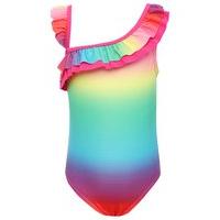 Girls multi-coloured rainbow print asymmetric frill strap all in one swimsuit - Pink