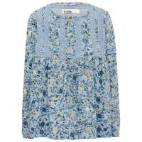 Girls 100% cotton long sleeve blue and yellow floral print crochet front yoke boho style top - Navy