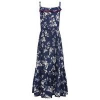 Girls navy frill front crochet trim tiered hem thin strap white butterfly print maxi length dress - Navy