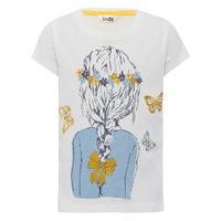 Girls 100% cotton white short sleeve girl with hair plait butterfly print t-shirt - White
