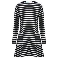 Girls long sleeve slash neck front pocket detail navy and cream stripe pattern swing dress - Navy