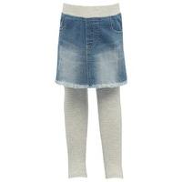 Girls pull on elasticated waistband light wash denim skirt layered over grey marl cotton leggings - Denim